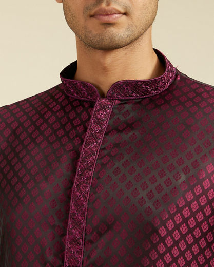 Diwas Men Wine Red Buta Jaal Patterned Kurta with Embroidered Neckline