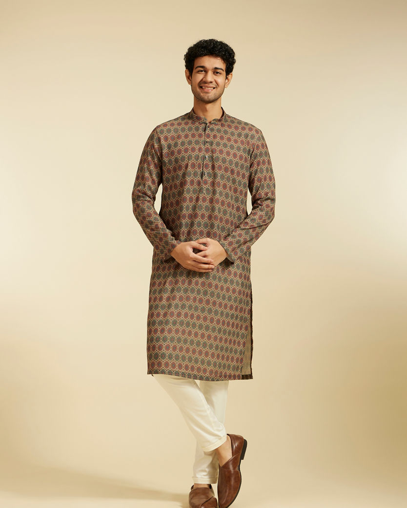 alt message - Diwas Men Olive Green Honeycomb Printed Kurta image number 2