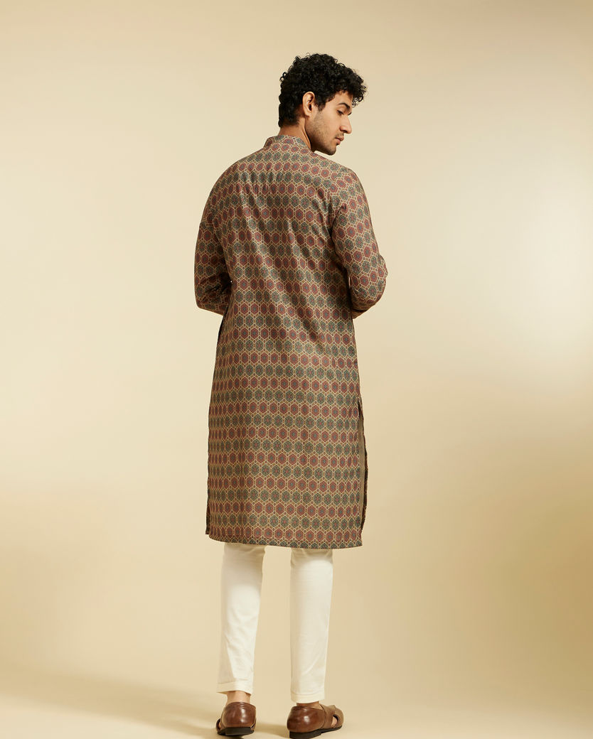 Diwas Men Olive Green Honeycomb Printed Kurta