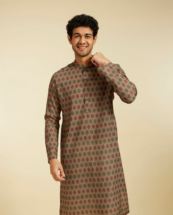 alt message - Diwas Men Olive Green Honeycomb Printed Kurta image number 0