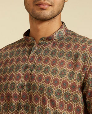 Diwas Men Olive Green Honeycomb Printed Kurta