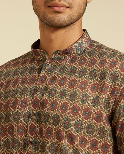 Diwas Men Olive Green Honeycomb Printed Kurta