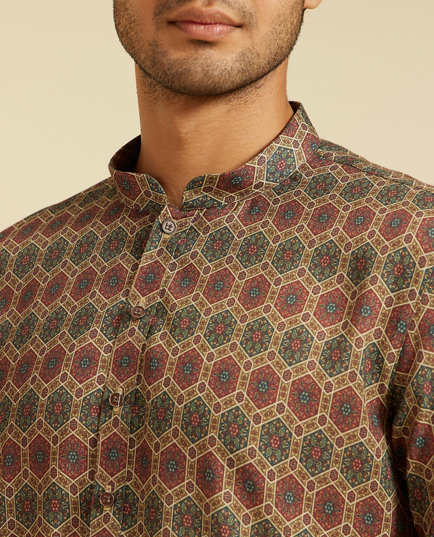 Diwas Men Olive Green Honeycomb Printed Kurta