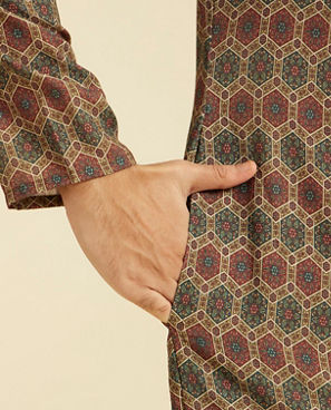 Diwas Men Olive Green Honeycomb Printed Kurta