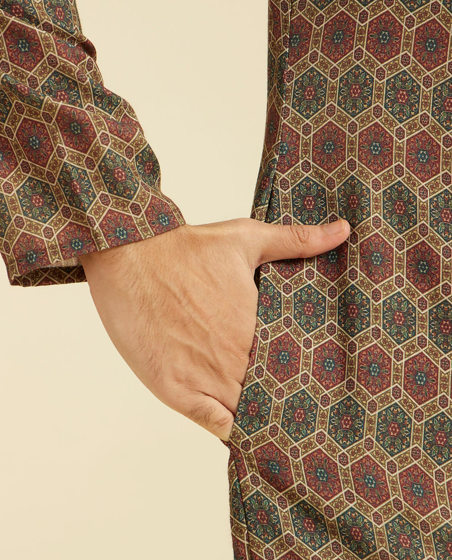 Diwas Men Olive Green Honeycomb Printed Kurta