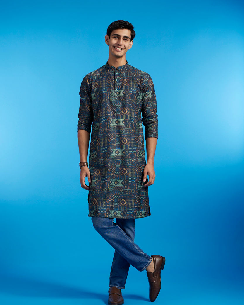 alt message - Diwas Men Teal Blue Aztec Printed Kurta image number 2