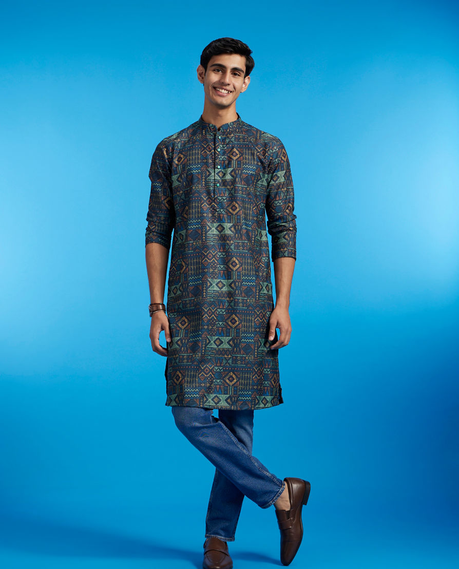 Diwas Men Teal Blue Aztec Printed Kurta