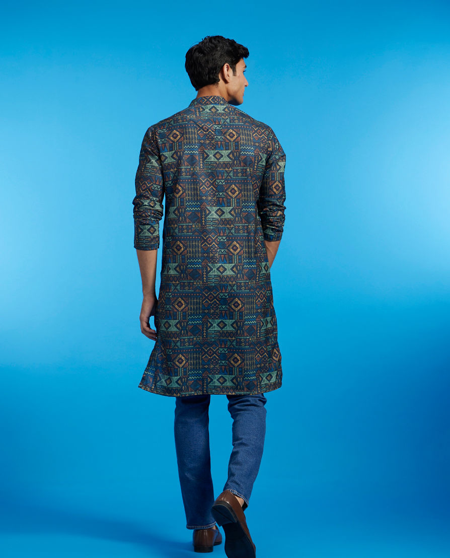 Diwas Men Teal Blue Aztec Printed Kurta
