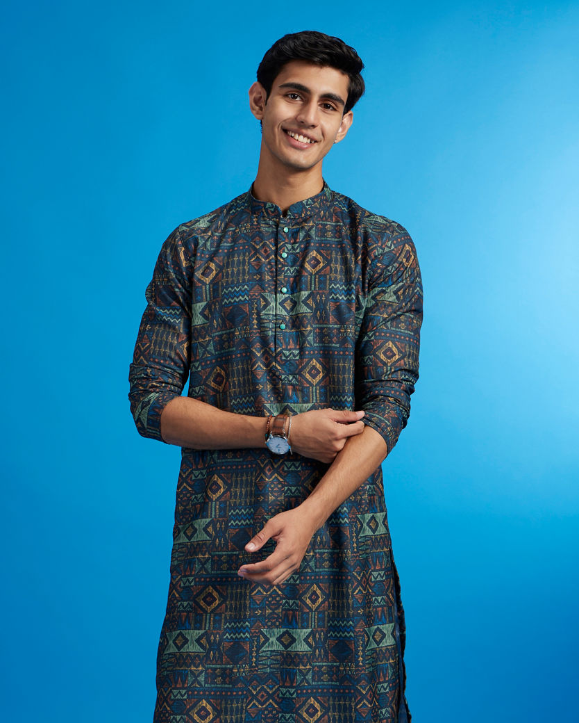 alt message - Diwas Men Teal Blue Aztec Printed Kurta image number 0