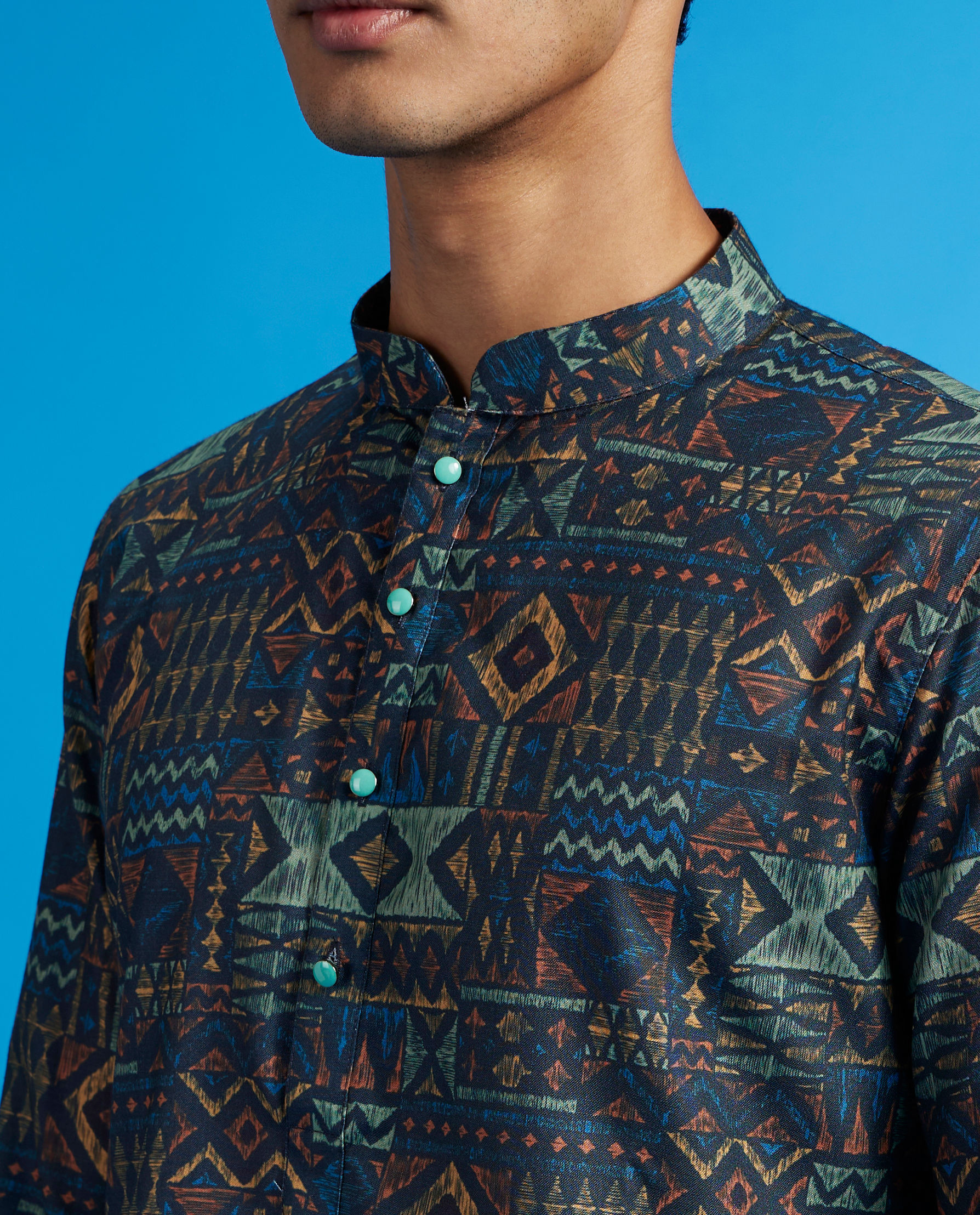 alt message - Diwas Men Teal Blue Aztec Printed Kurta image number 1