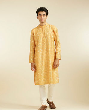 Diwas Men Mustard Yellow Kaleidoscopic Square Printed Kurta