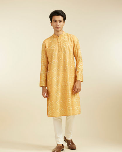 Diwas Men Mustard Yellow Kaleidoscopic Square Printed Kurta
