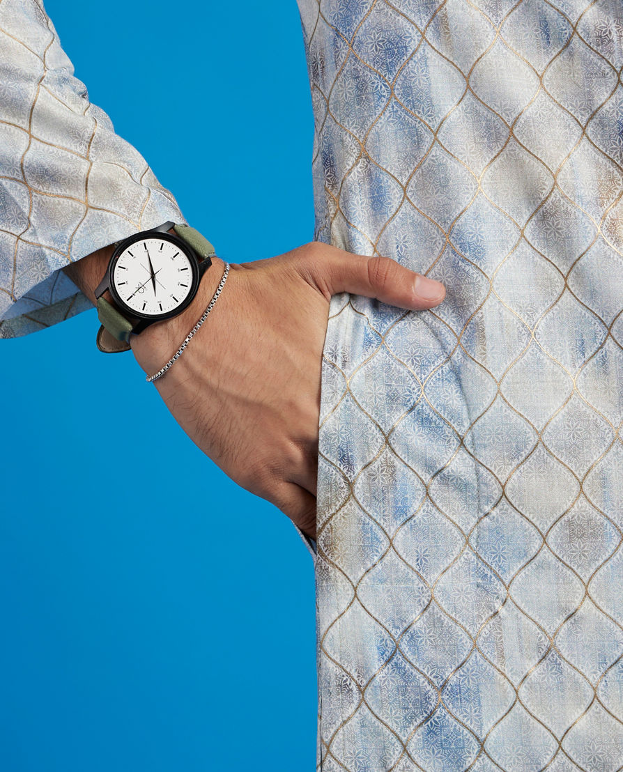 Diwas Men Pista Green Ogee Printed Kurta