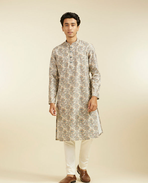 Diwas Men Soft Beige Floral Jaal Printed Kurta