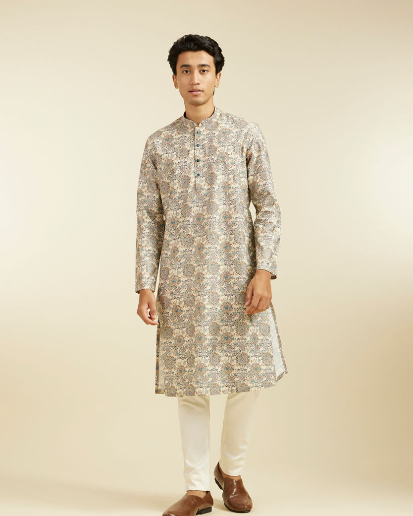 Diwas Men Soft Beige Floral Jaal Printed Kurta