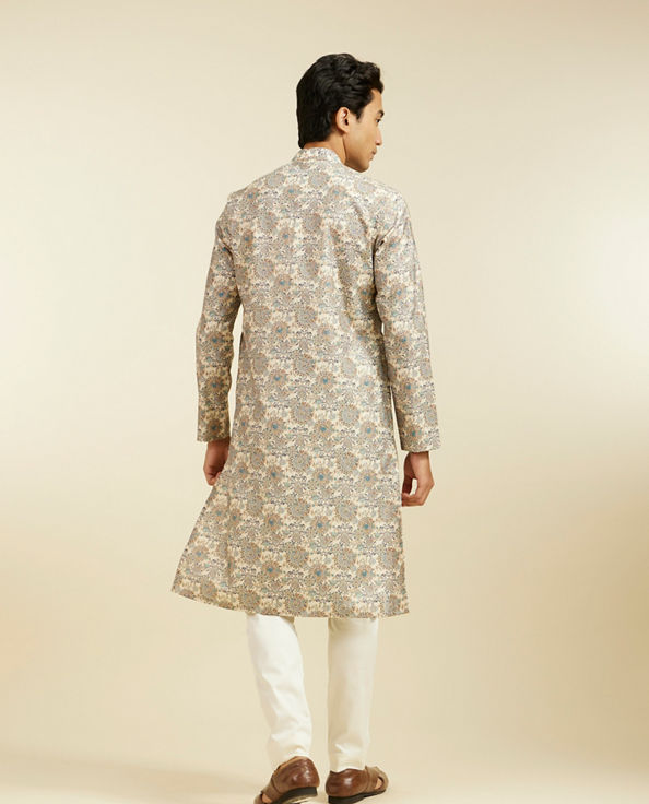 Diwas Men Soft Beige Floral Jaal Printed Kurta