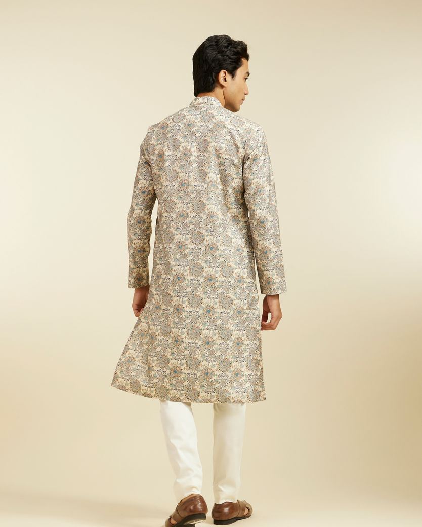 Diwas Men Soft Beige Floral Jaal Printed Kurta