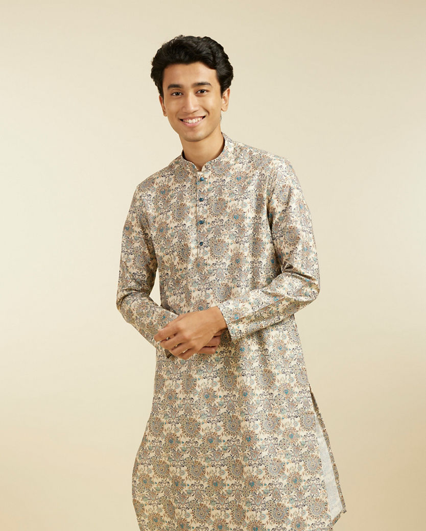 Diwas Men Soft Beige Floral Jaal Printed Kurta