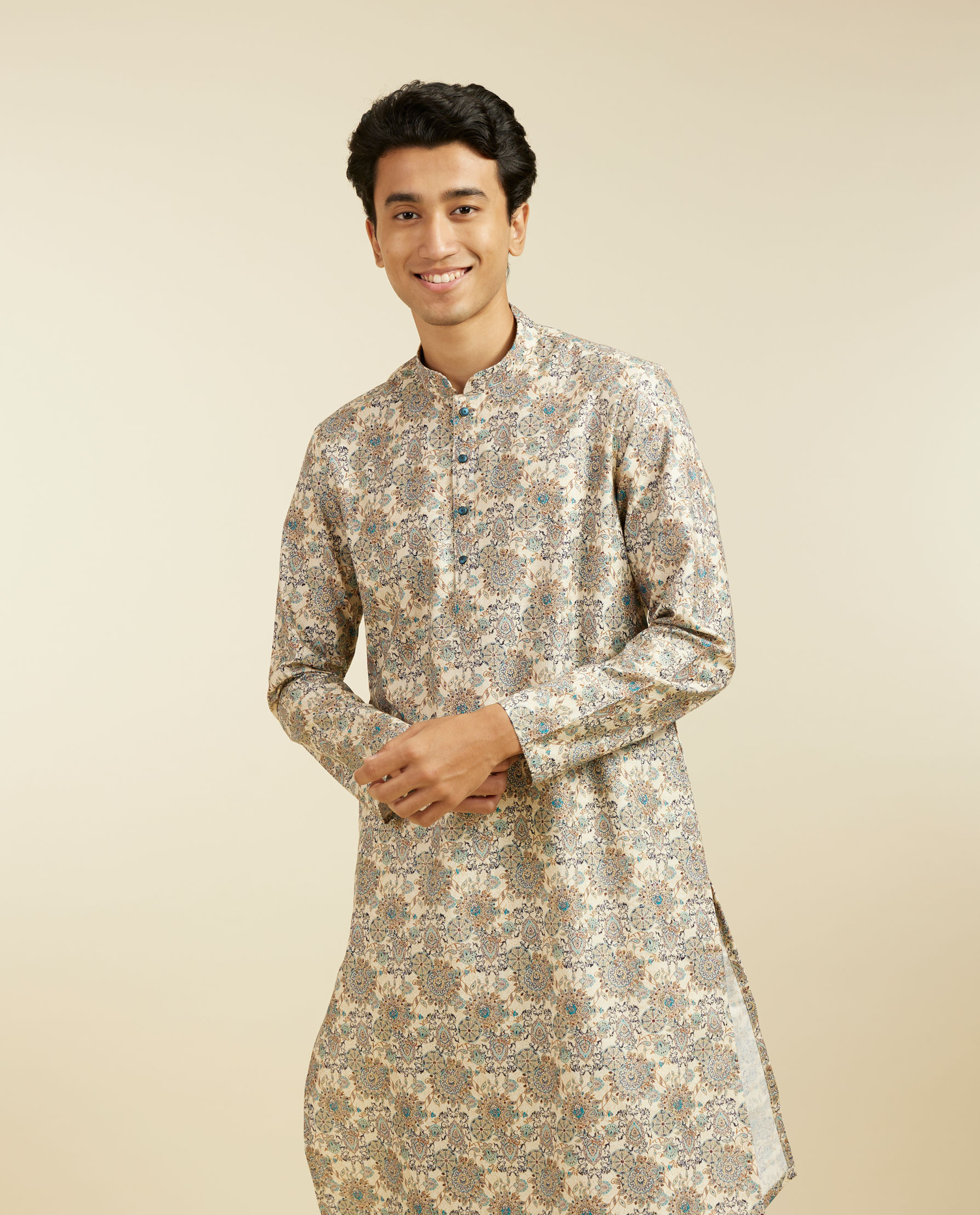 Diwas Men Soft Beige Floral Jaal Printed Kurta