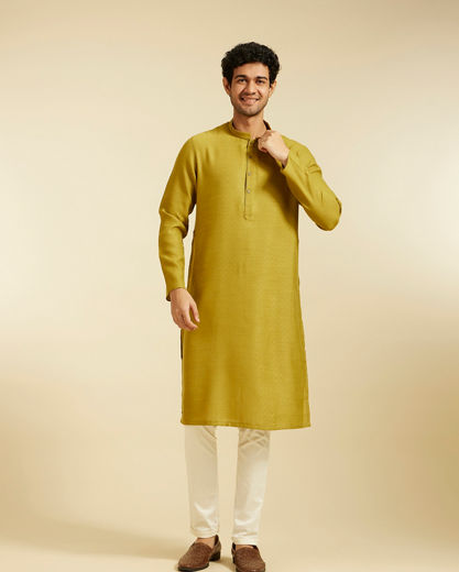 Diwas Men Mehndi Green Self Textured Kurta