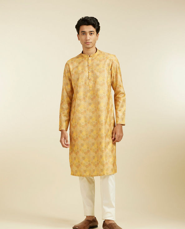 Diwas Men Mustard Yellow Abstract Floral Printed Kurta