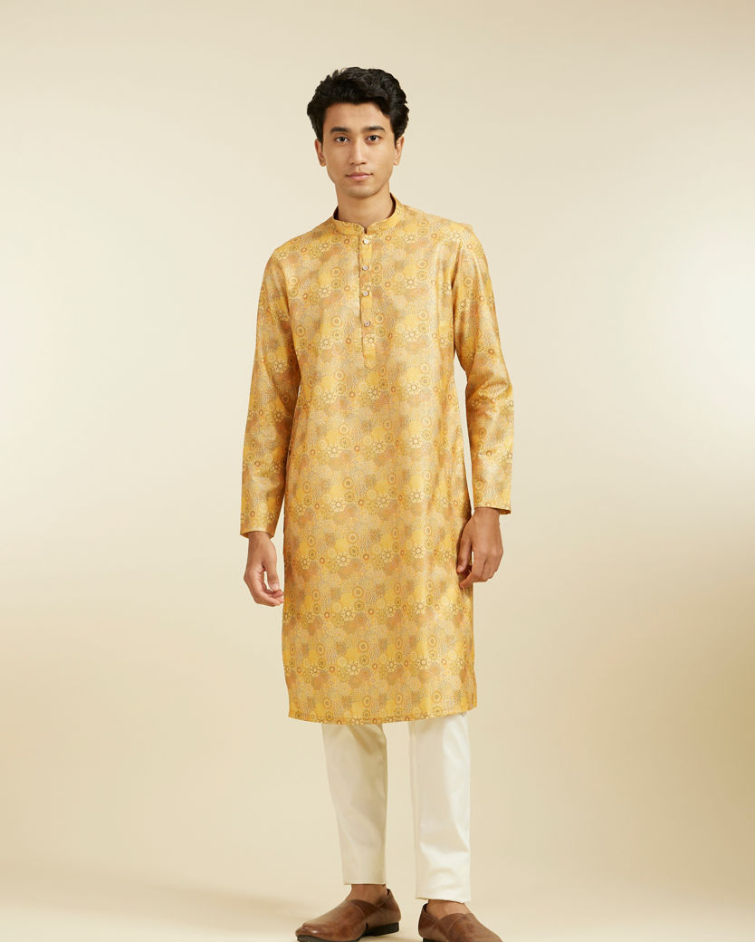 Diwas Men Mustard Yellow Abstract Floral Printed Kurta