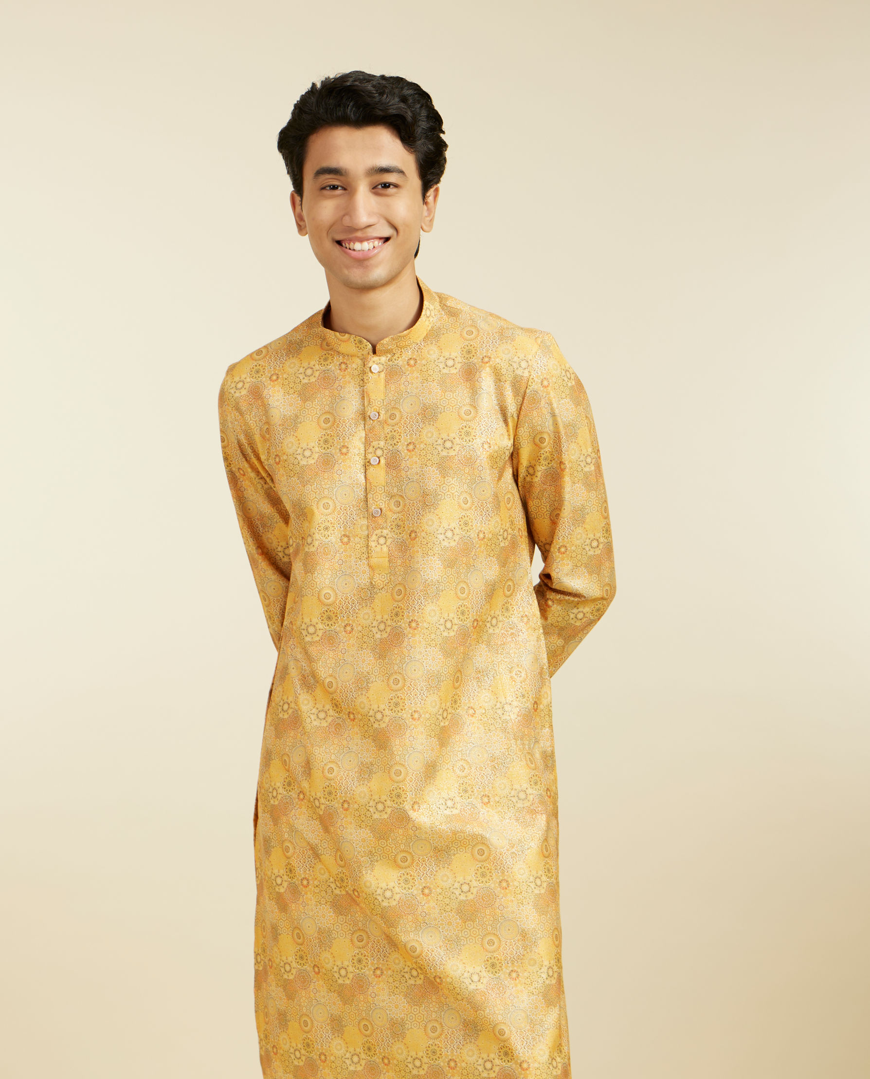 Diwas Men Mustard Yellow Abstract Floral Printed Kurta