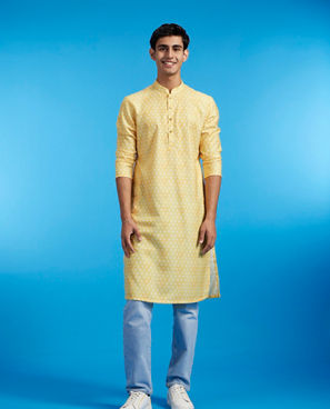 Diwas Men Sunshine Yellow Jaal Printed Kurta
