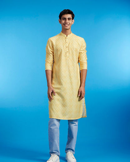 Diwas Men Sunshine Yellow Jaal Printed Kurta