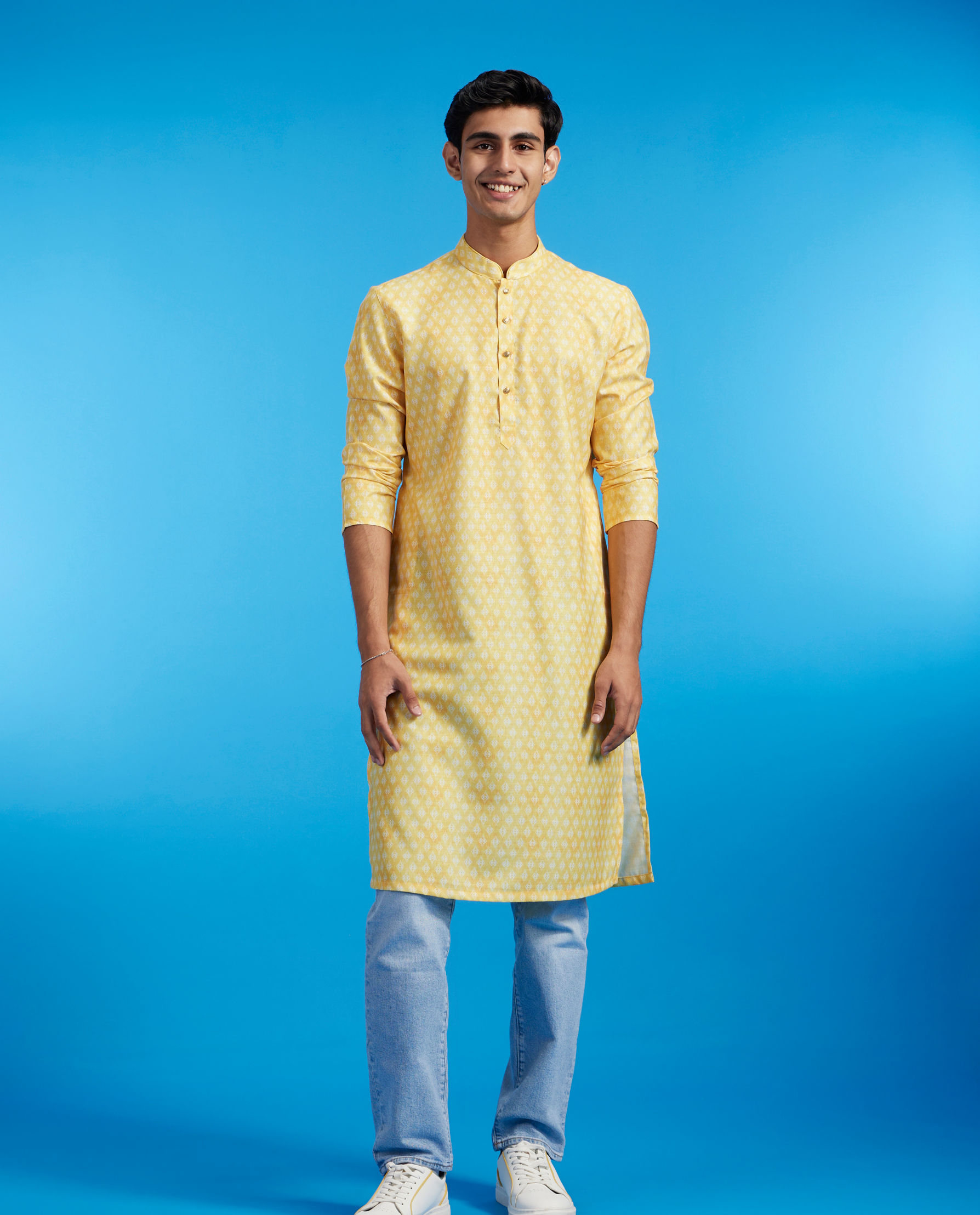 Diwas Men Sunshine Yellow Jaal Printed Kurta
