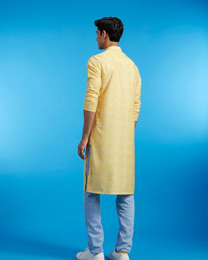 Diwas Men Sunshine Yellow Jaal Printed Kurta