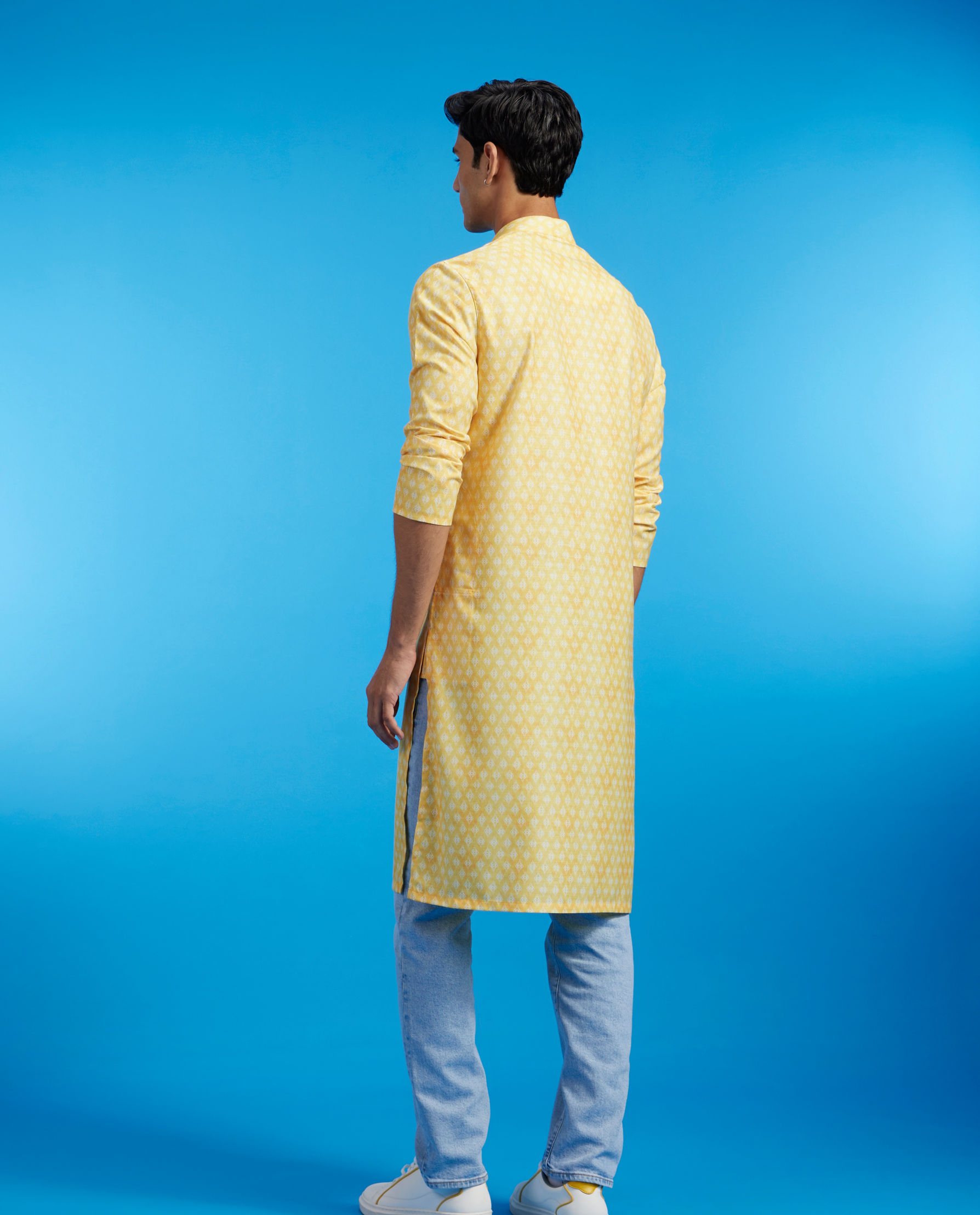 Diwas Men Sunshine Yellow Jaal Printed Kurta