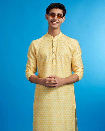 Diwas Men Sunshine Yellow Jaal Printed Kurta