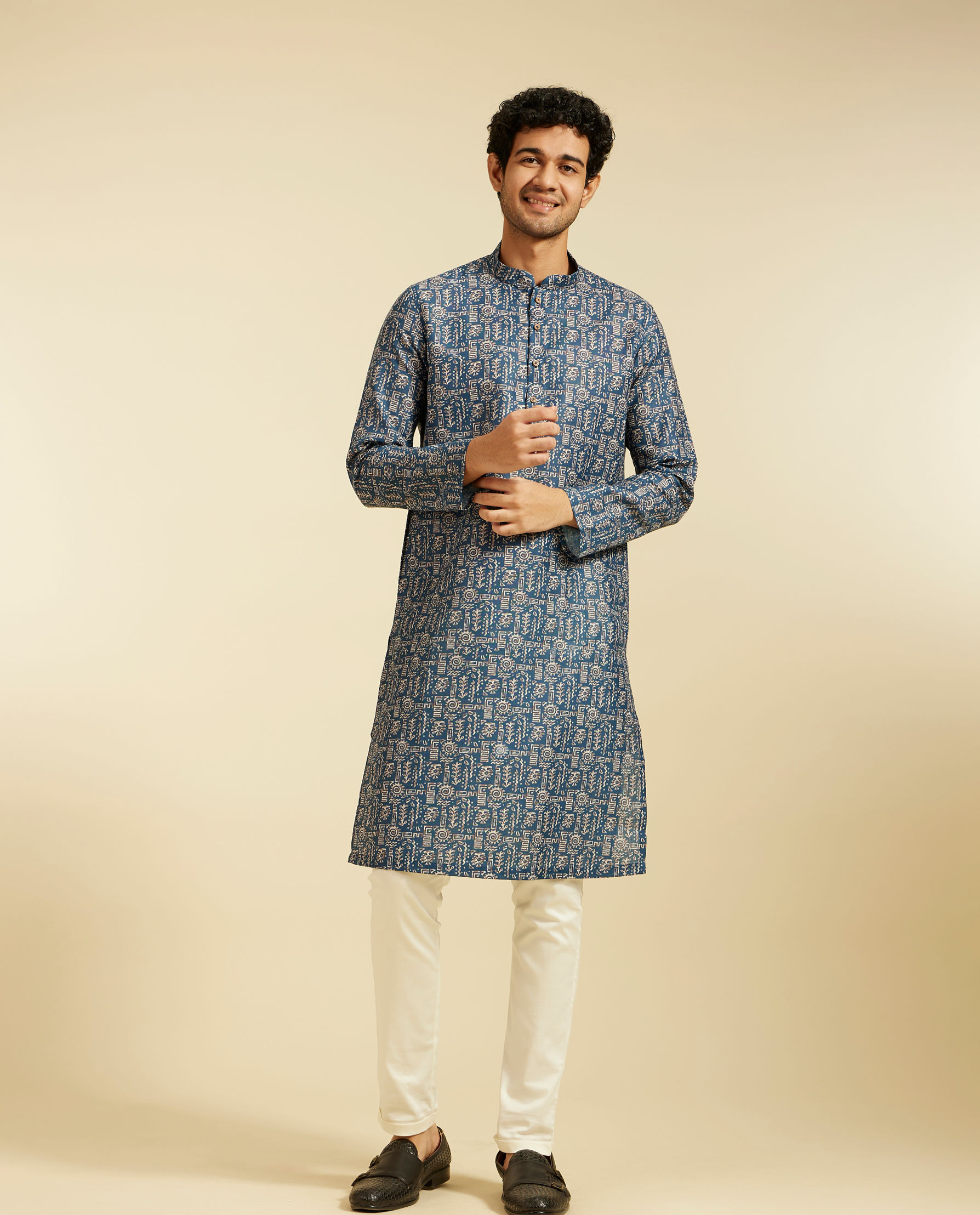 Diwas Men Cobalt Blue Aztec Printed Kurta