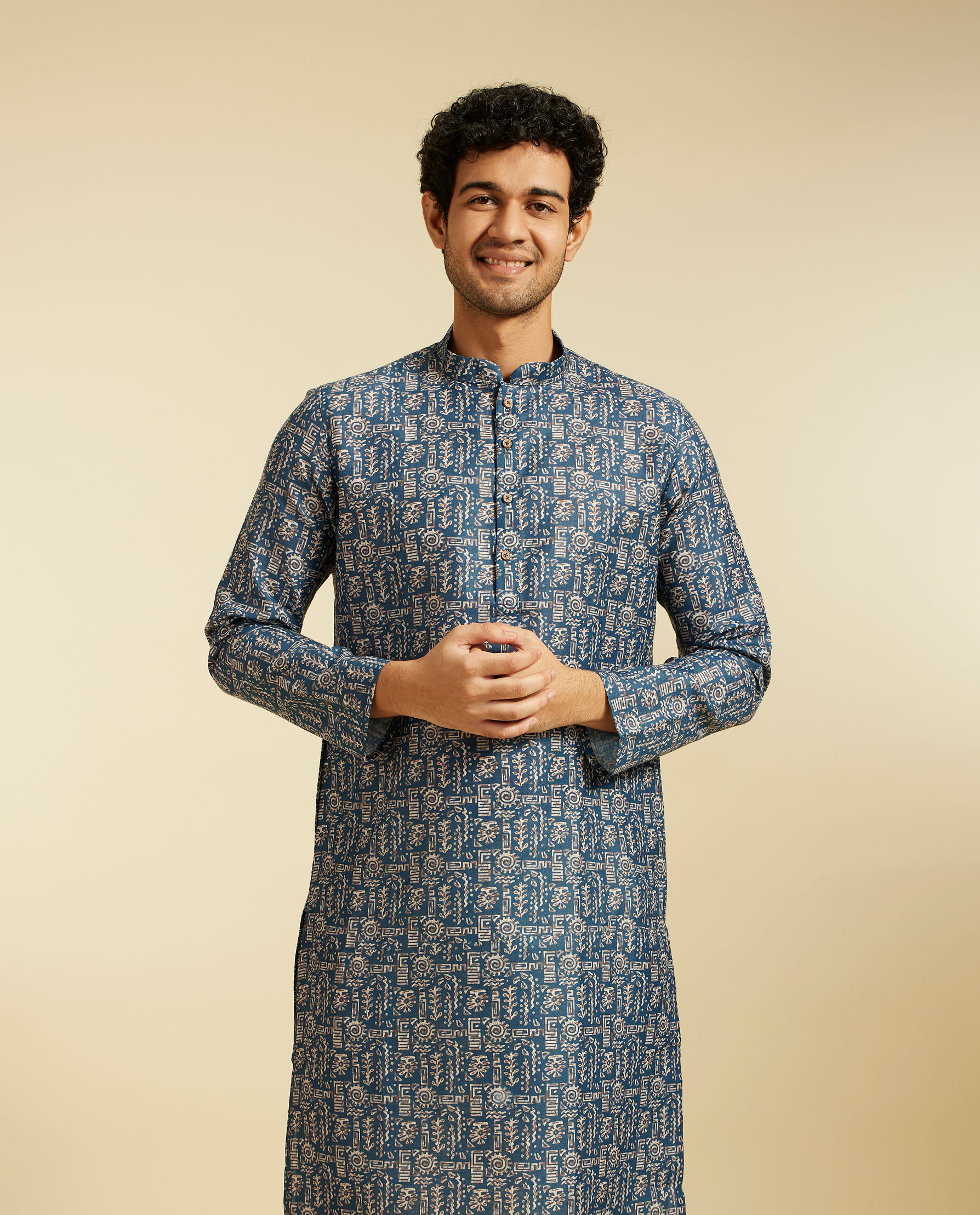 Diwas Men Cobalt Blue Aztec Printed Kurta