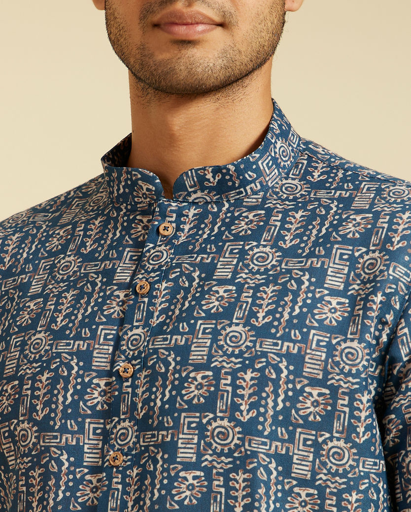 Diwas Men Cobalt Blue Aztec Printed Kurta