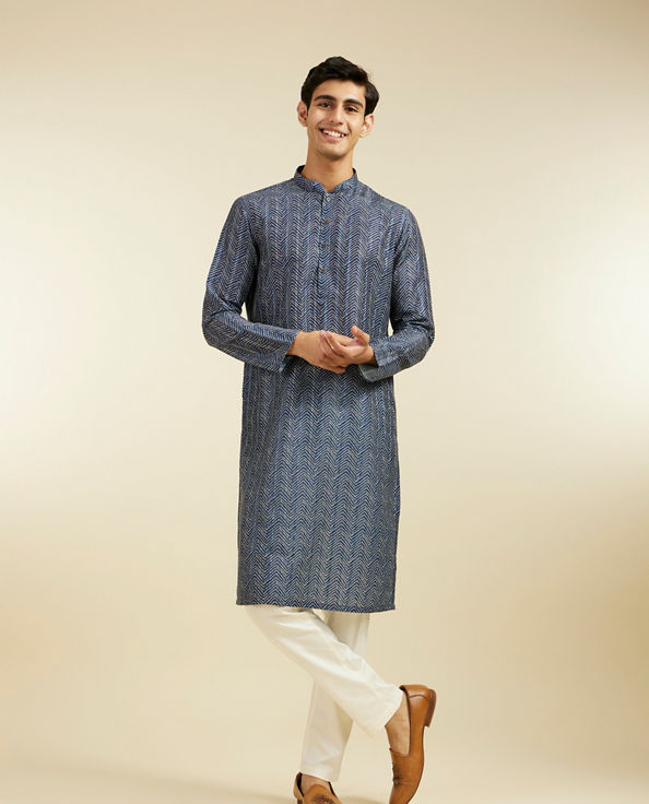 Diwas Men Oxford Blue Chevron Printed Kurta