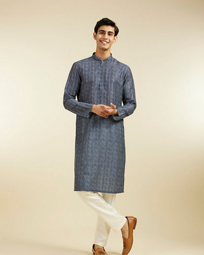 Diwas Men Oxford Blue Chevron Printed Kurta