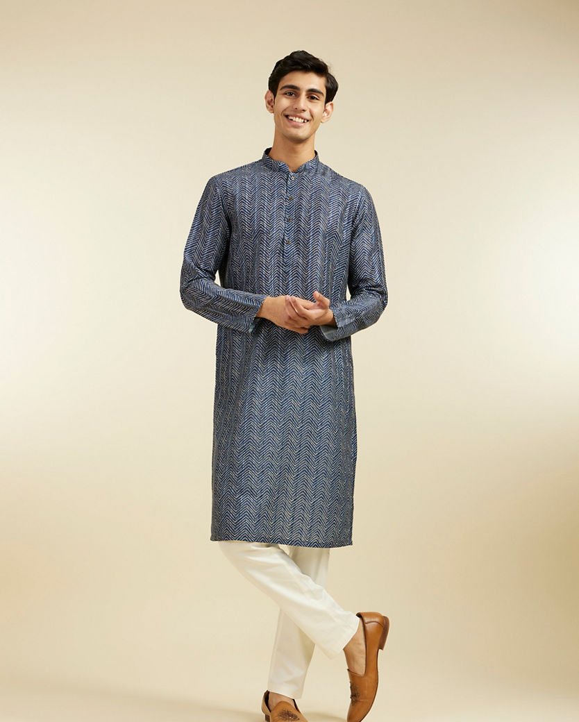 Diwas Men Oxford Blue Chevron Printed Kurta