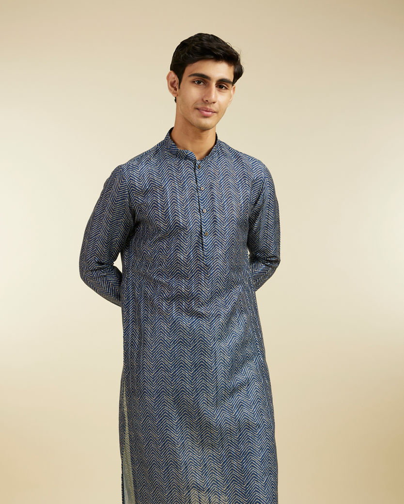 Diwas Men Oxford Blue Chevron Printed Kurta