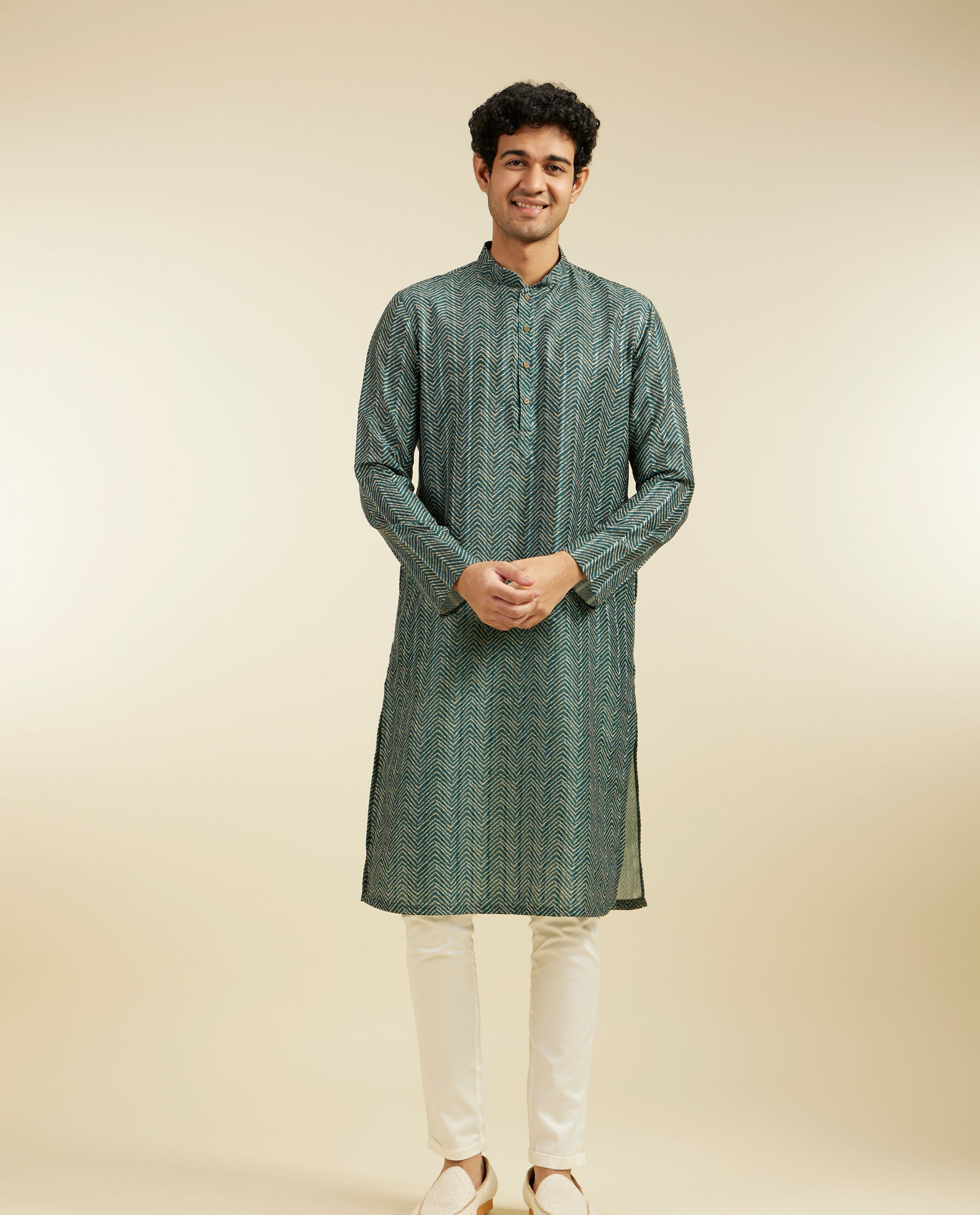 Diwas Men Bottle Green Chevron Printed Kurta