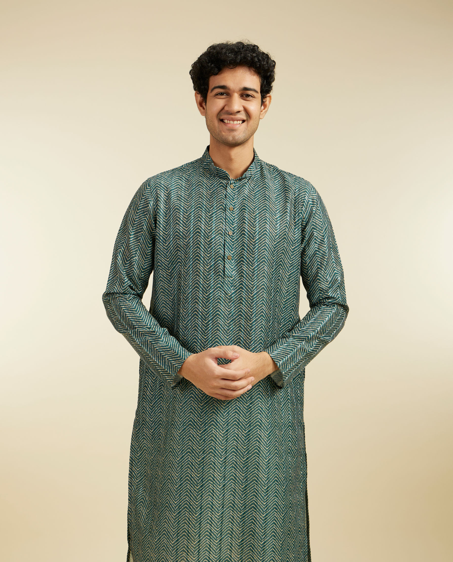 Diwas Men Bottle Green Chevron Printed Kurta