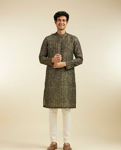 Diwas Men Bottle Green Bandhani Printed Angrakha Style Kurta