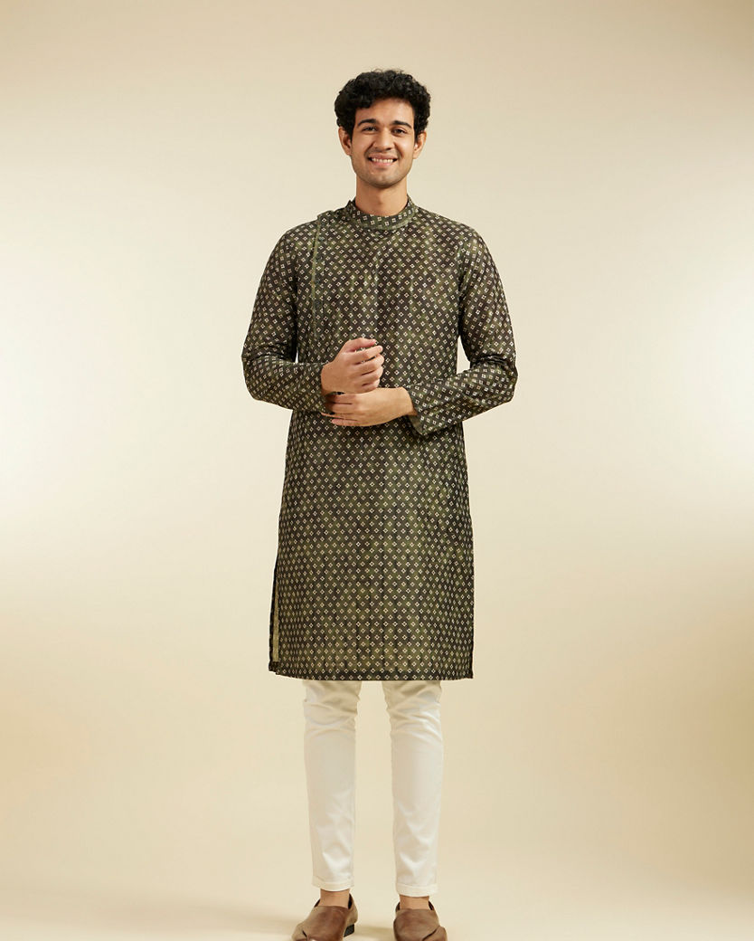 Diwas Men Bottle Green Bandhani Angrakha Kurta