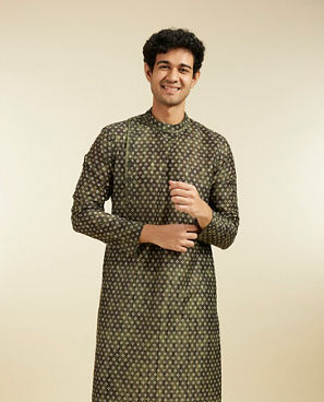 Diwas Men Bottle Green Bandhani Printed Angrakha Style Kurta