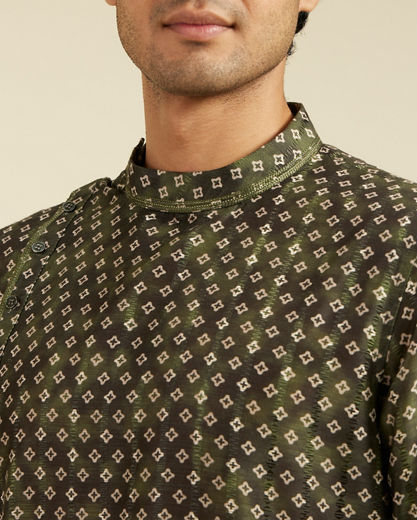 Diwas Men Bottle Green Bandhani Printed Angrakha Style Kurta