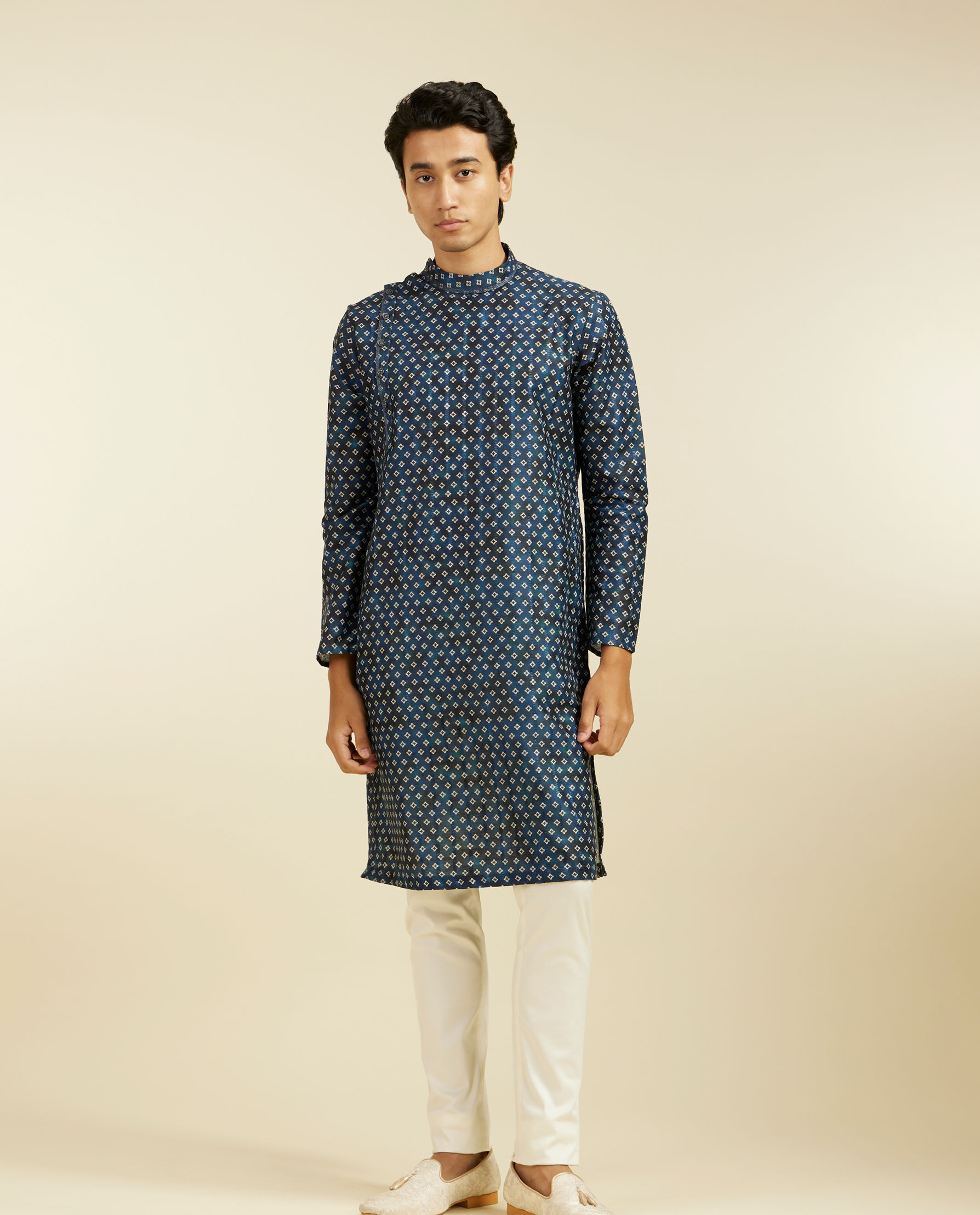 Diwas Men Teal Blue Bandhani Printed Angrakha Style Kurta