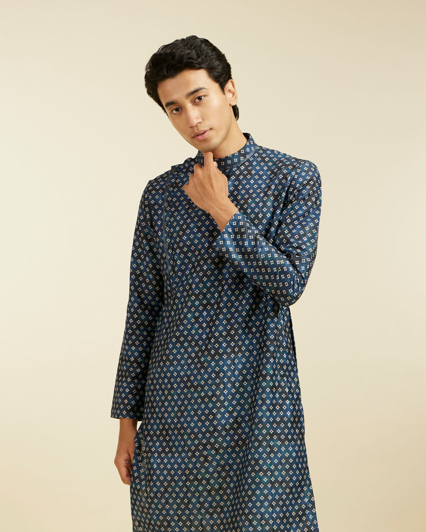 Diwas Men Teal Blue Bandhani Printed Angrakha Style Kurta