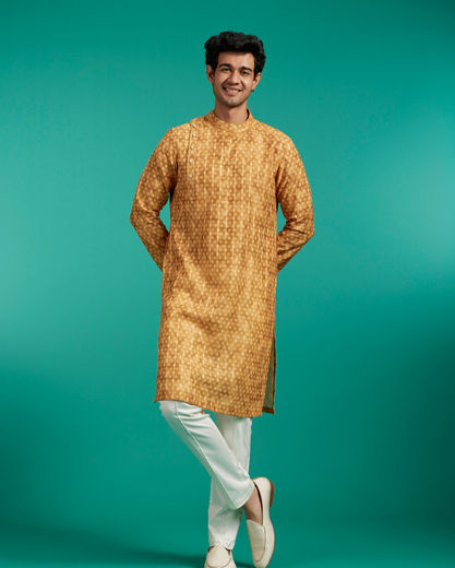 Diwas Men Mustard Yellow Bandhani Printed Angrakha Style Kurta