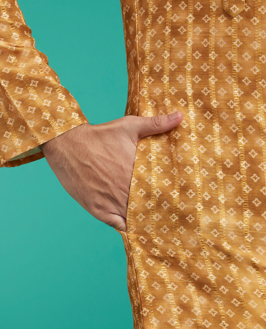 Diwas Men Mustard Yellow Bandhani Printed Angrakha Style Kurta